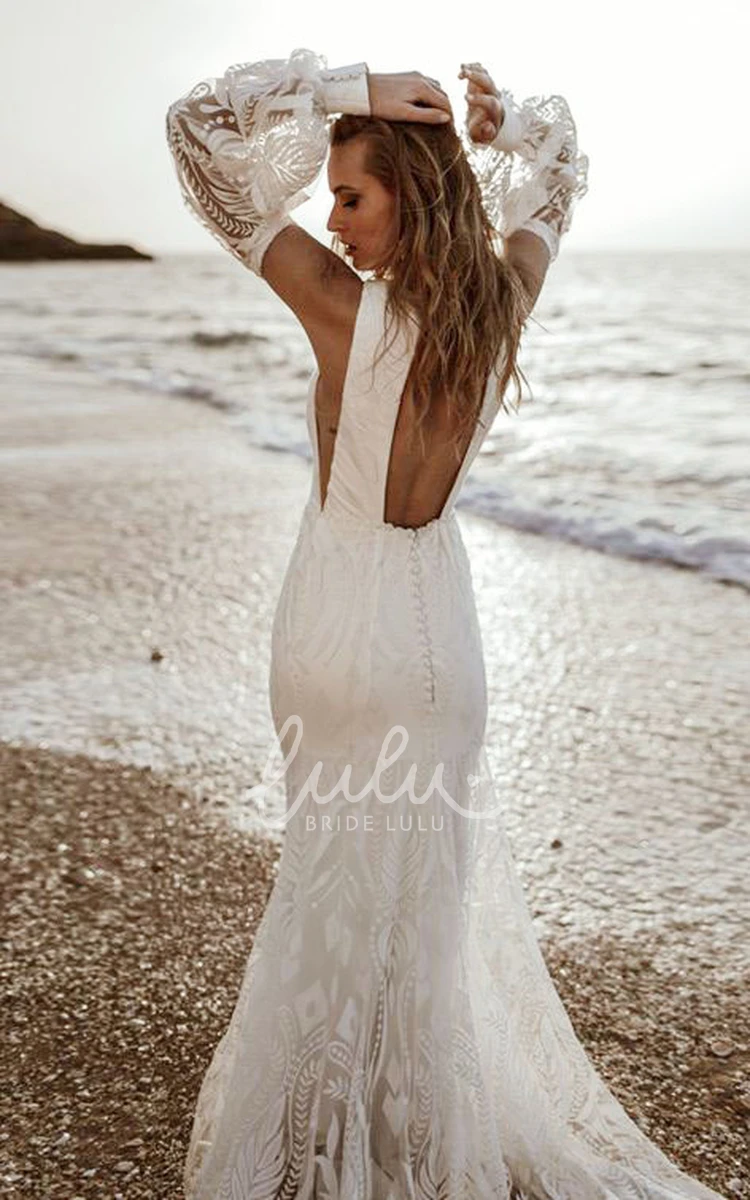 Mermaid Lace Beach Wedding Dress with Long Sleeve and Open Back Beach Wedding Dress