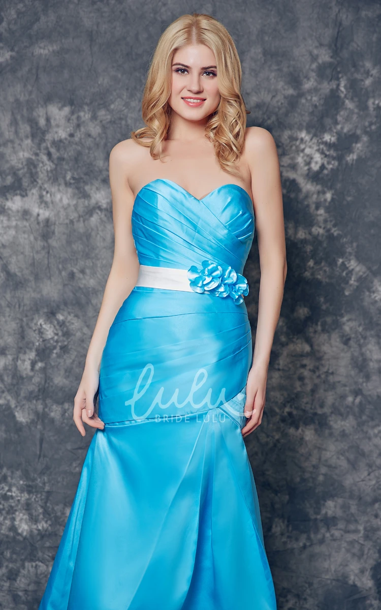 Long Satin Dress with Sweetheart Neckline and Floral Sash Ruched