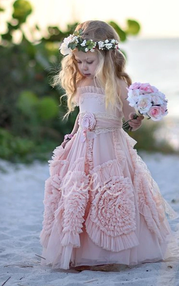 Spaghetti Ball Gown Flower Girl Dress Handmade Flowers Floor Length