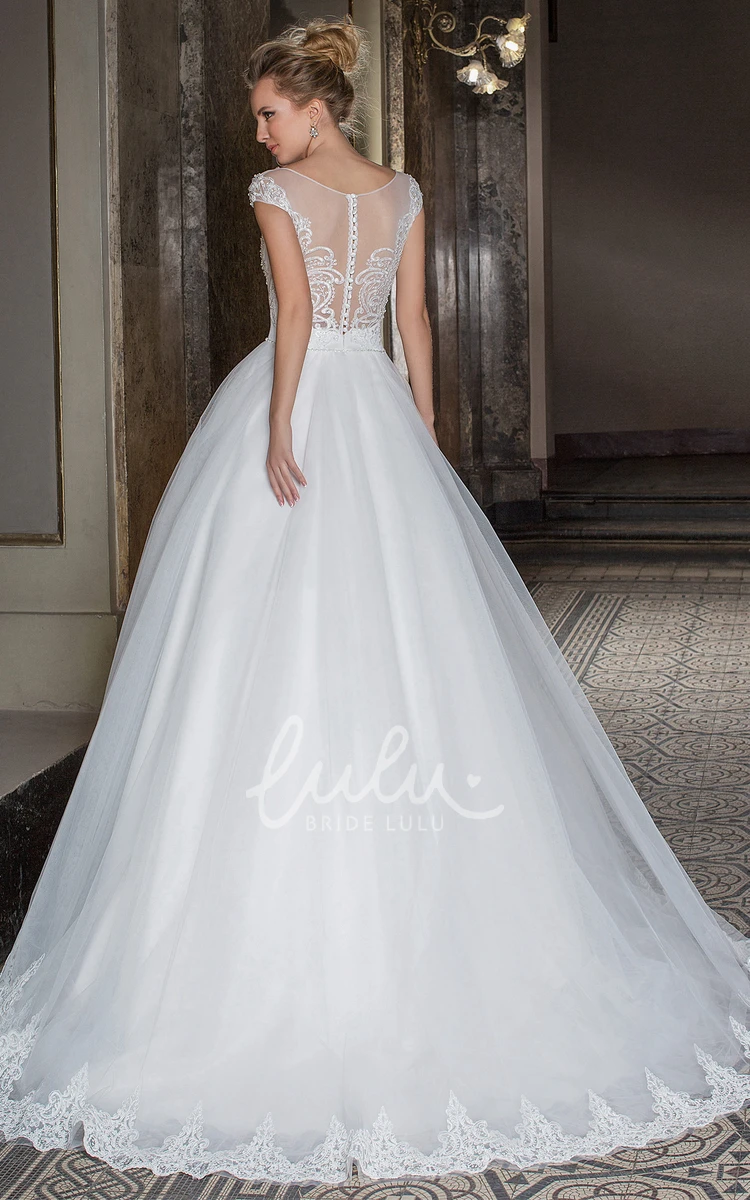 Appliqued Tulle Wedding Dress with Beading and Illusion Maxi Cap-Sleeve Sweetheart