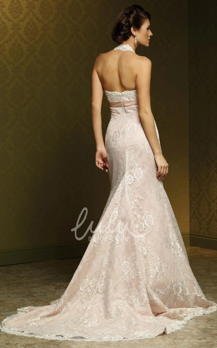 Sheath Lace Wedding Dress with Appliques and Bow Sleeveless Maxi V-Neck
