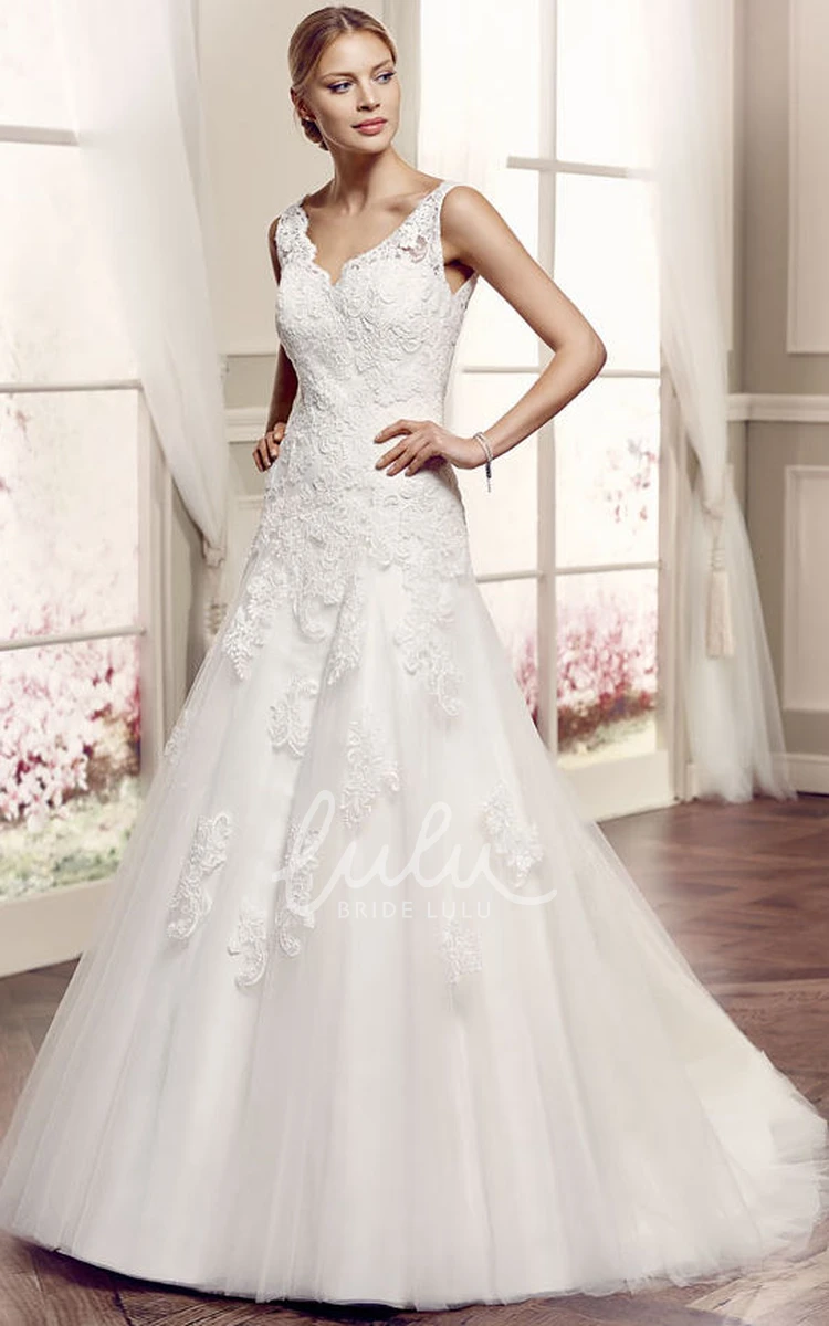 Appliqued Lace V-Neck Wedding Dress with Court Train A-Line Sleeveless