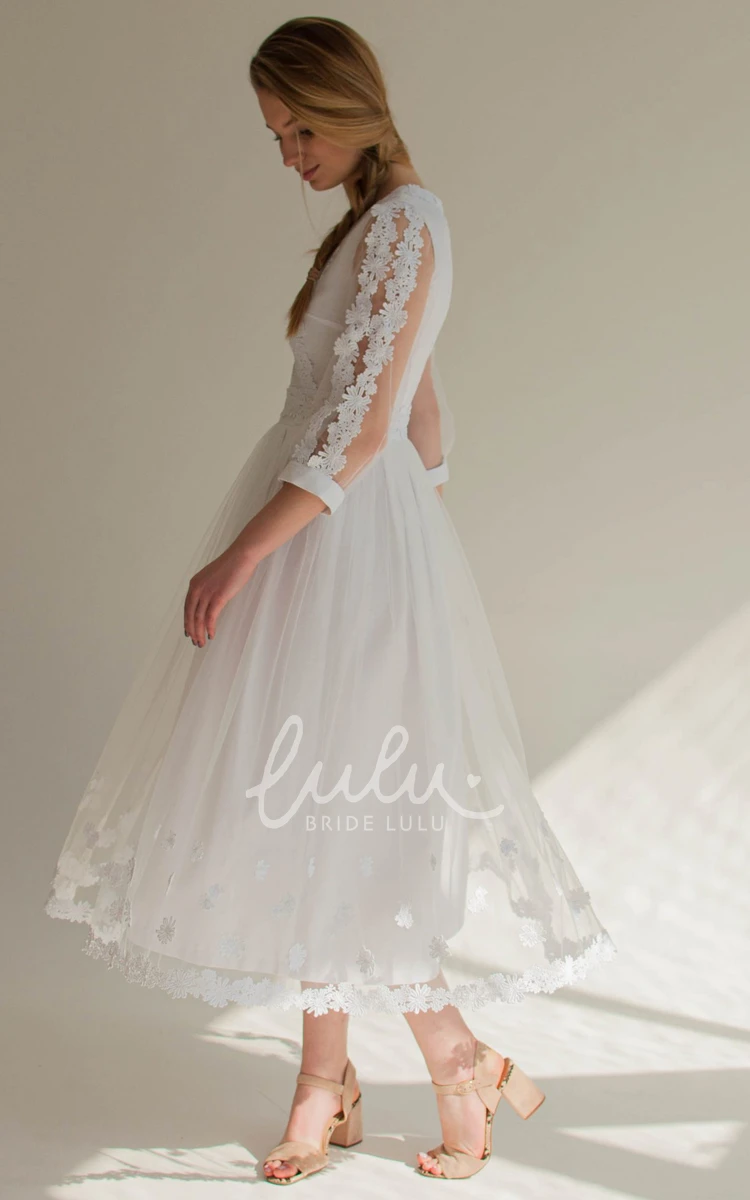 Tulle Bateau A-line Tea-length Wedding Dress Vintage and Delicate