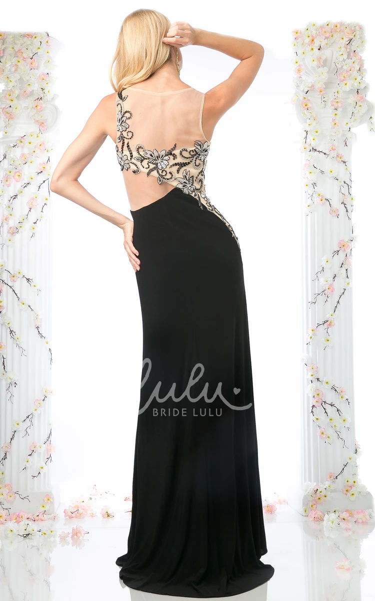 Long Sleeveless Jersey Sheath Prom Dress with One-Shoulder Illusion and Beading