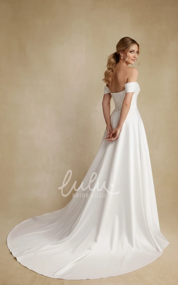 Modern Simple A-Line Off the Shoulder Beach Garden Warm Wedding Dress Modest Elegant Ruched Floor Length Court Train Bridal Gown