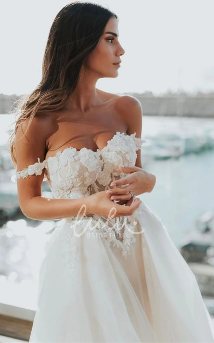 Casual A Line Tulle Wedding Dress with Chapel Train and Off-the-shoulder Neckline