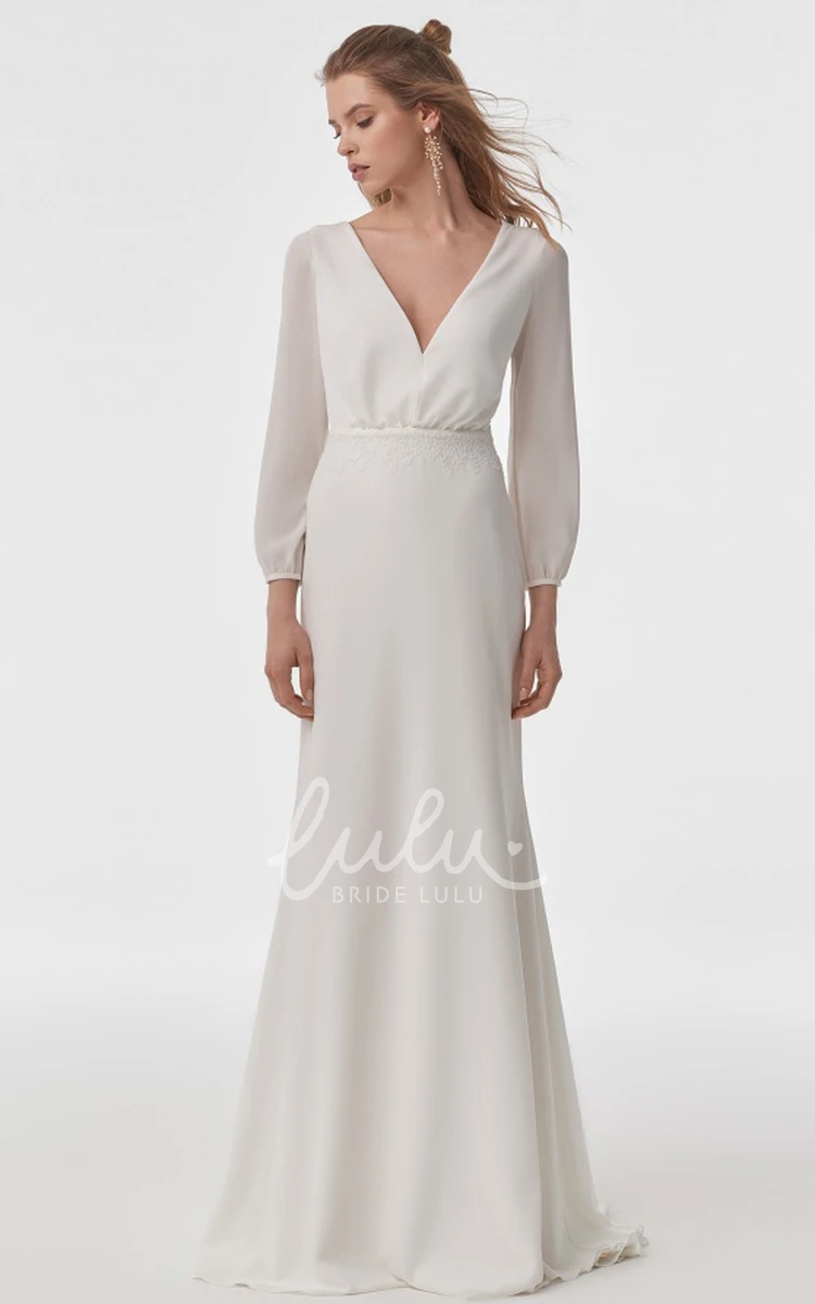 Simple Chiffon Sheath Wedding Dress with V-neck and Long Sleeves Casual Wedding Dress