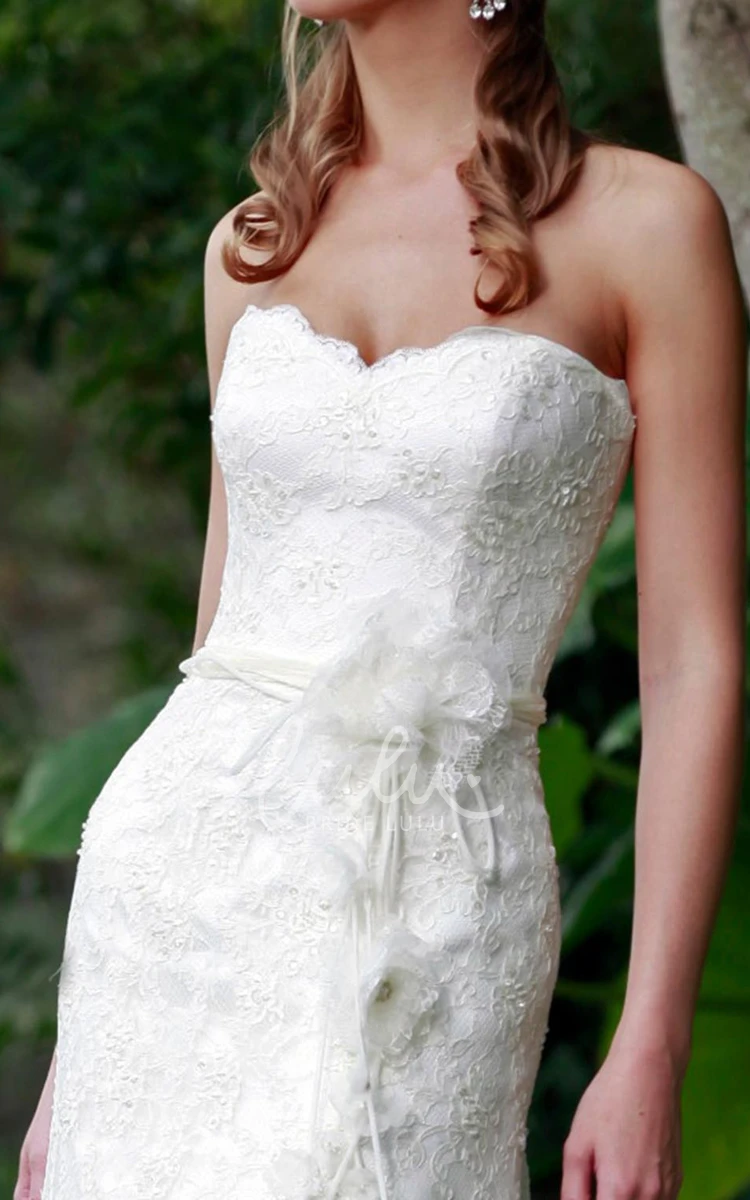 Strapless Lace Sheath Wedding Dress with Appliques Court Train and Flower Embellishment