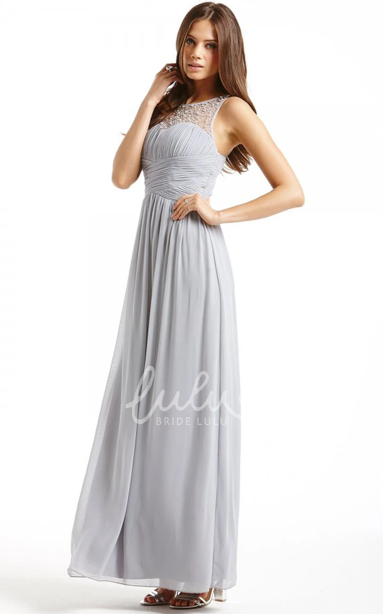 Sleeveless Ruched Chiffon Bridesmaid Dress with Bateau Neck Ankle-Length