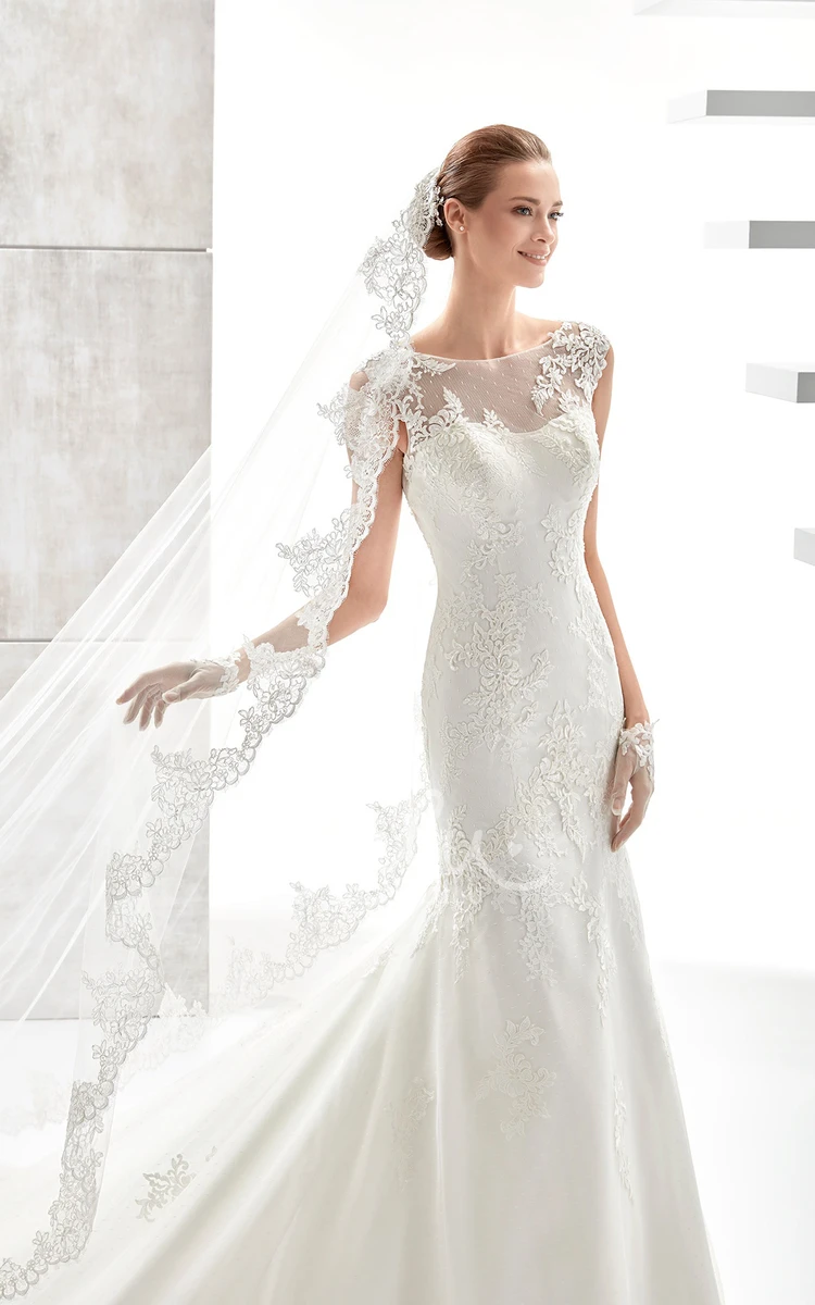 Illusive Mermaid Wedding Dress with Jewel-Neck and Appliques