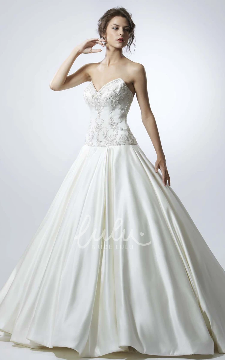 Sweetheart Beaded Satin Wedding Dress with Brush Train Classic Bridal Gown