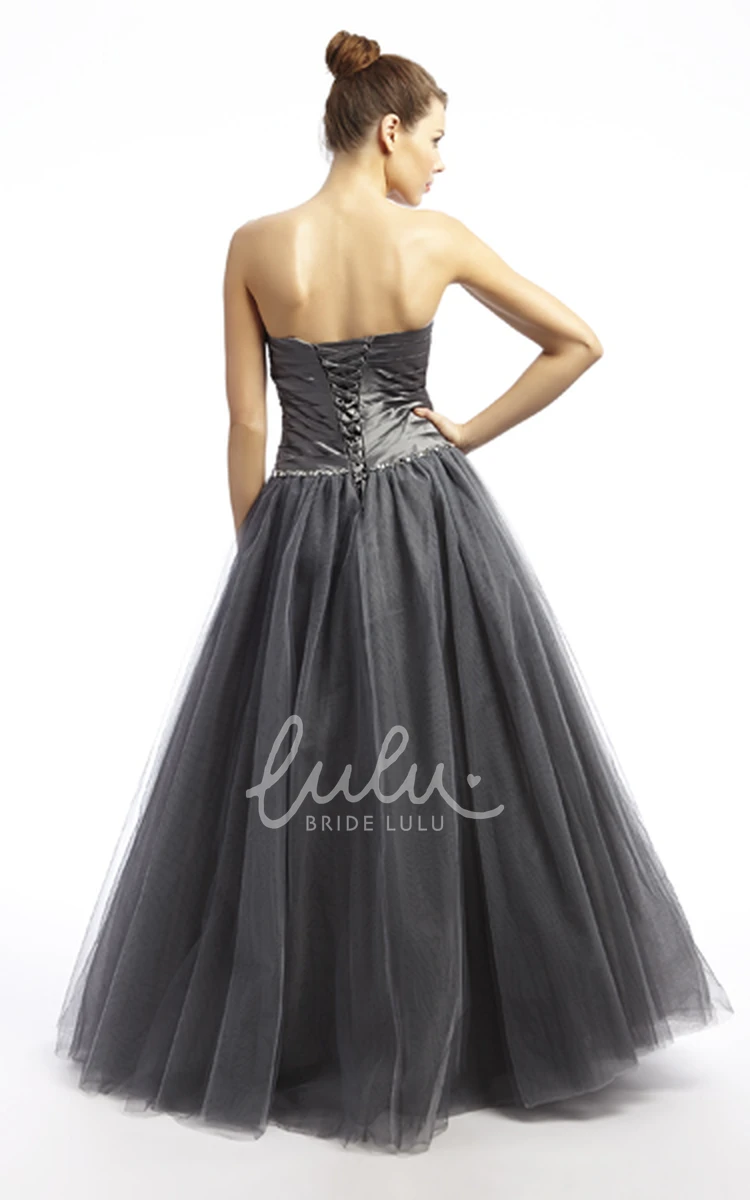 Beaded Strapless Maxi Tulle Prom Dress with Ruching A-Line Sleeveless