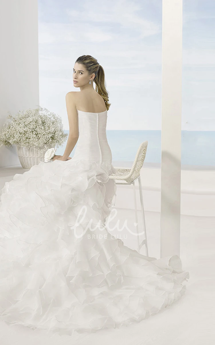 Organza Strapless Wedding Dress A-Line with Ruched Long Sleeves and Cascading Ruffles