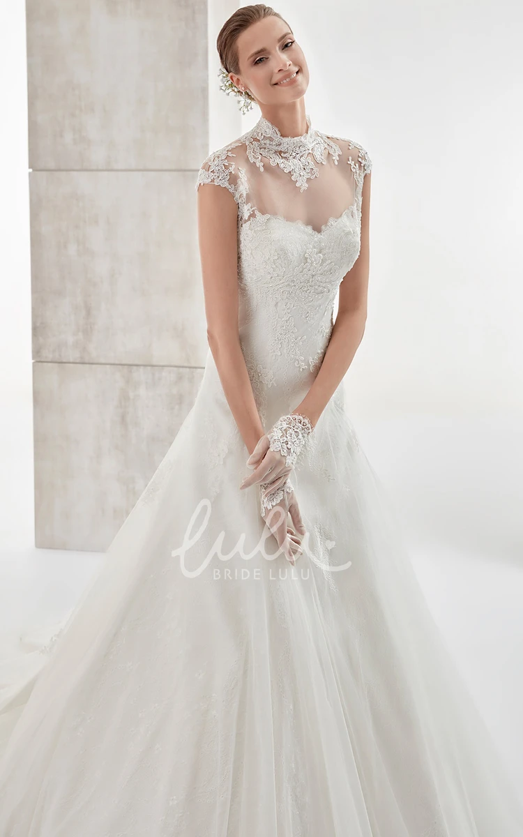 Lace Applique Illusion High-Neck Cap-Sleeve Wedding Dress