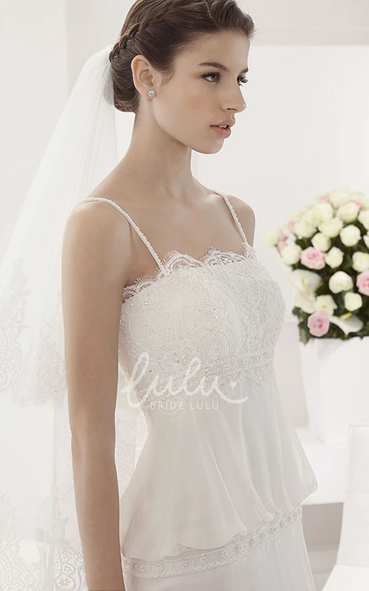 A-Line Chiffon Wedding Dress with Spaghetti Straps Scalloped Neckline and Unique Lace Design