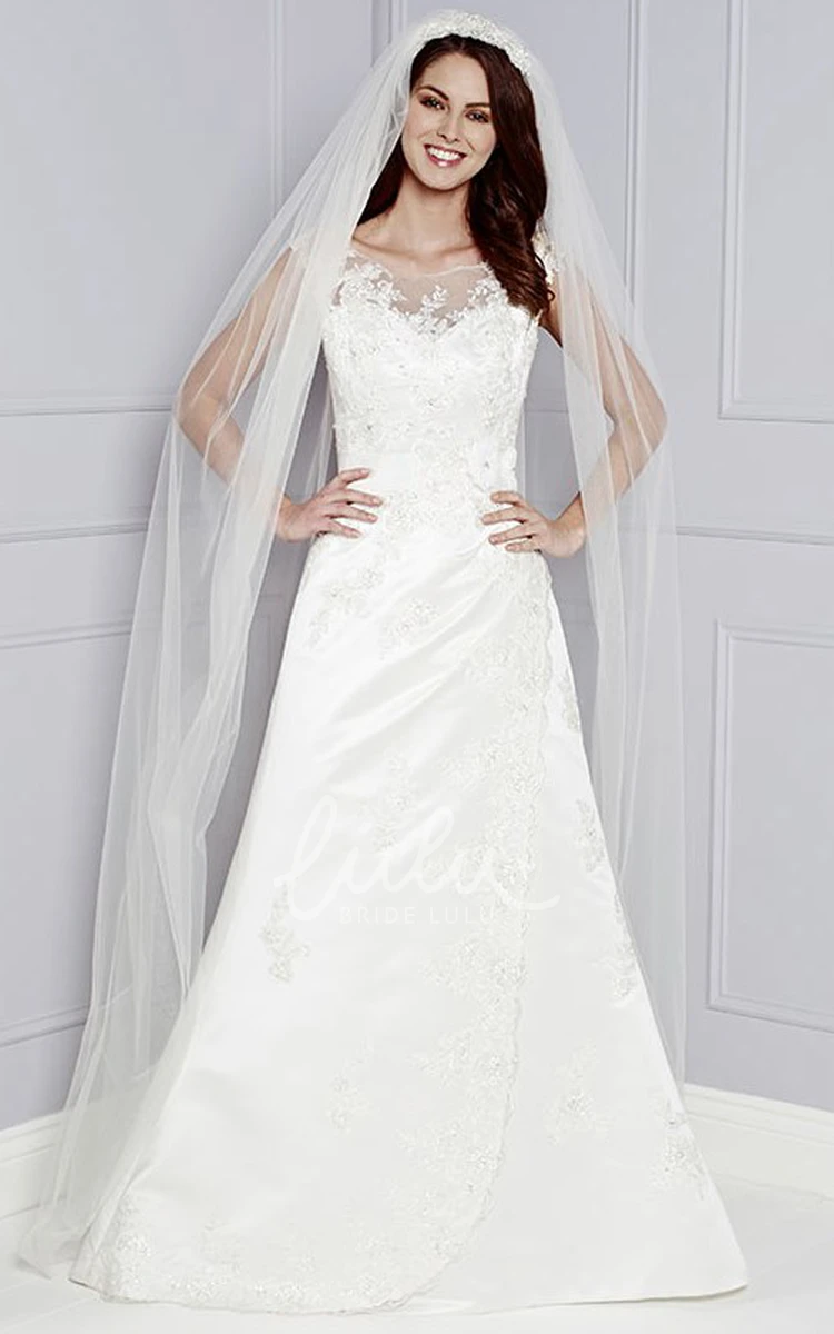 Appliqued Bateau-Neck Taffeta Wedding Dress Cap-Sleeve A-Line Style