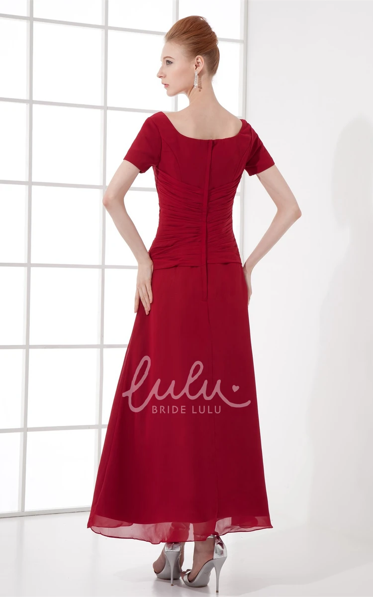 Short Sleeve Square Neck Bridesmaid Dress with Broach and Ruching Ankle Length