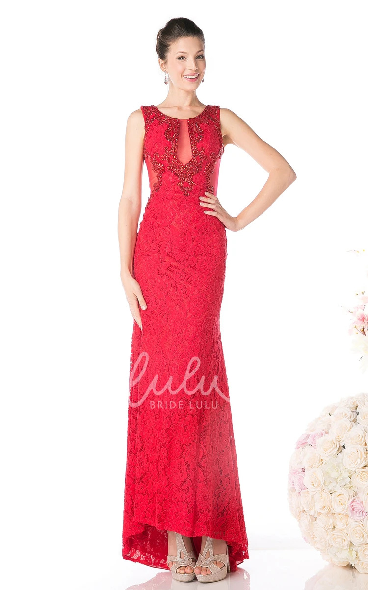 Lace Illusion High-Low Formal Dress with Beading Sheath Style