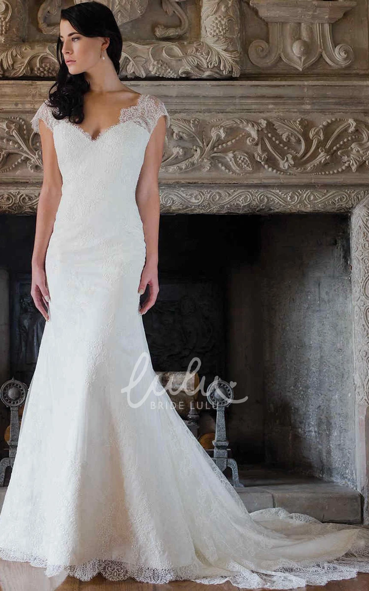 V-Neck Cap-Sleeve Lace Wedding Dress Sheath Style