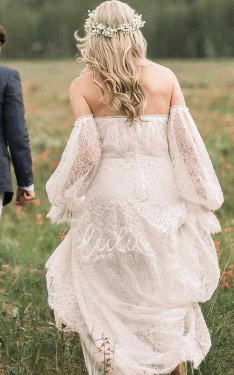 Poet Off-the-shoulder Lace Wedding Dress with Train Casual Long Sleeve Zipper Back