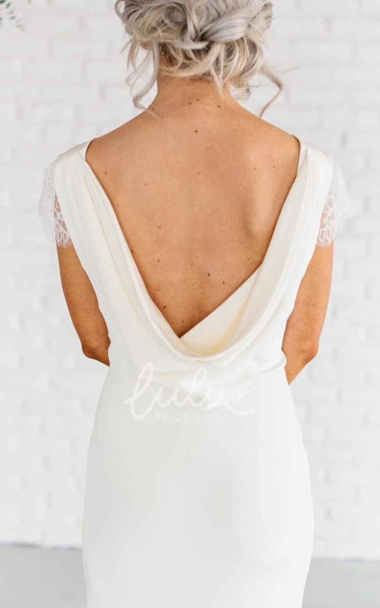 Sheath Satin Chiffon Dress with Cap Sleeves and Cowl Back for Brides