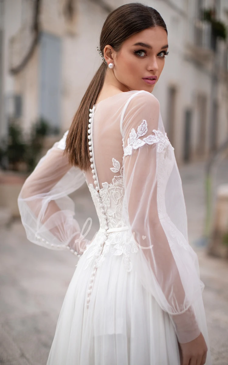 Tulle Bateau Neck Illusion Long Sleeve Bridal Dress