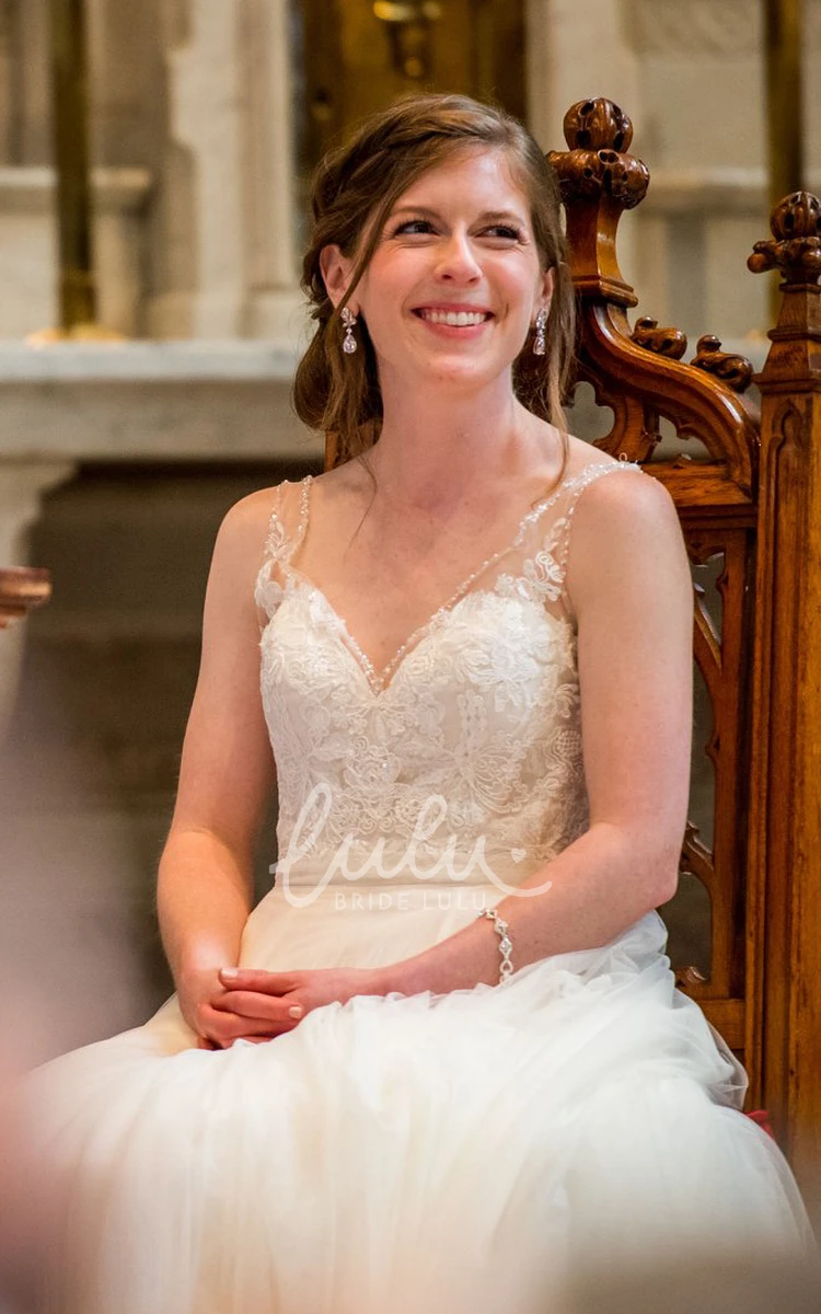 A-Line V-Neck Layered Tulle Adorable Illusion Straps Lace Appliqué Trailing Wedding Dress