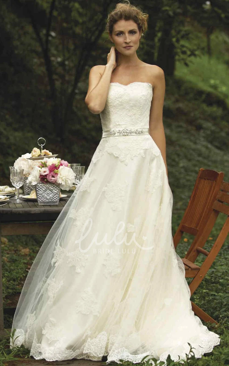 Appliqued Strapless A-Line Lace Wedding Dress with Jeweled Bodice