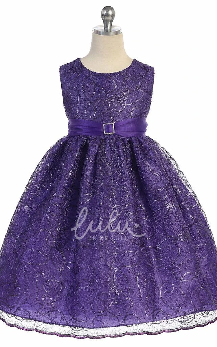 Organza Flower Girl Dress with Broach and Beaded Sequins Tea-Length