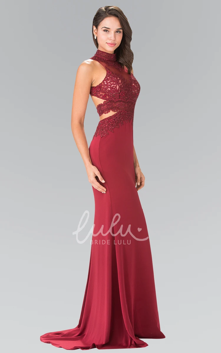 High Neck Sheath Jersey Bridesmaid Dress with Backless Design and Beading