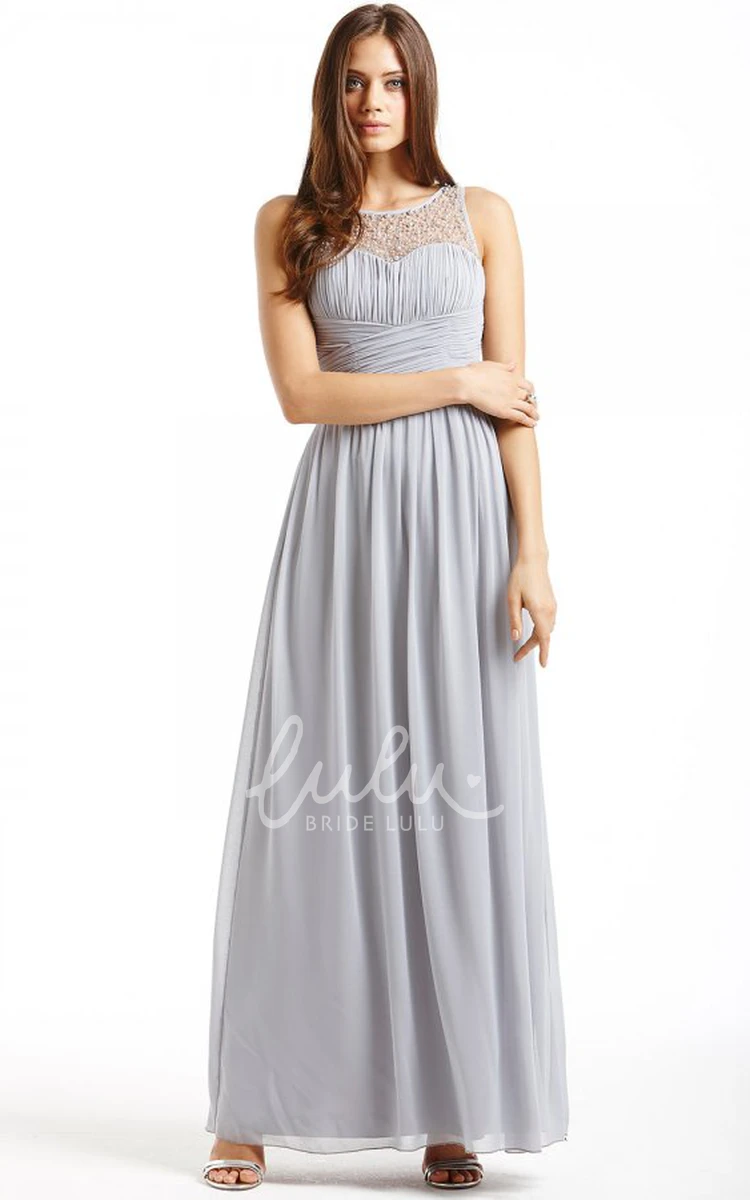 Sleeveless Ruched Chiffon Bridesmaid Dress with Bateau Neck Ankle-Length