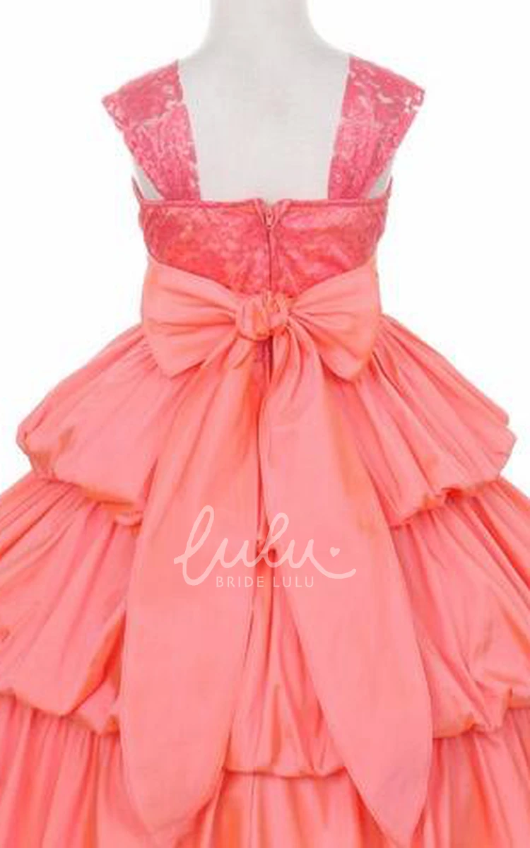 Floral Ankle-Length Flower Girl Dress with Bowed Lace and Taffeta