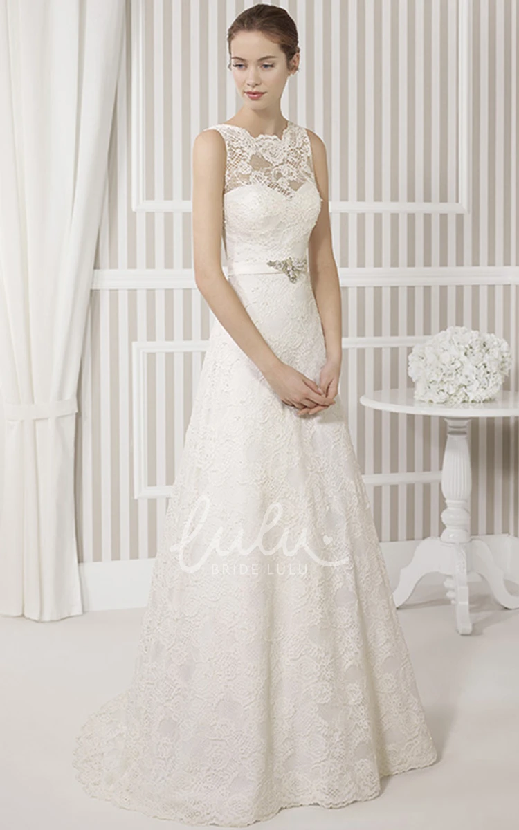 Scoop Neck A-Line Wedding Dress with Bow and Waist Jewelry Classy Wedding Dress