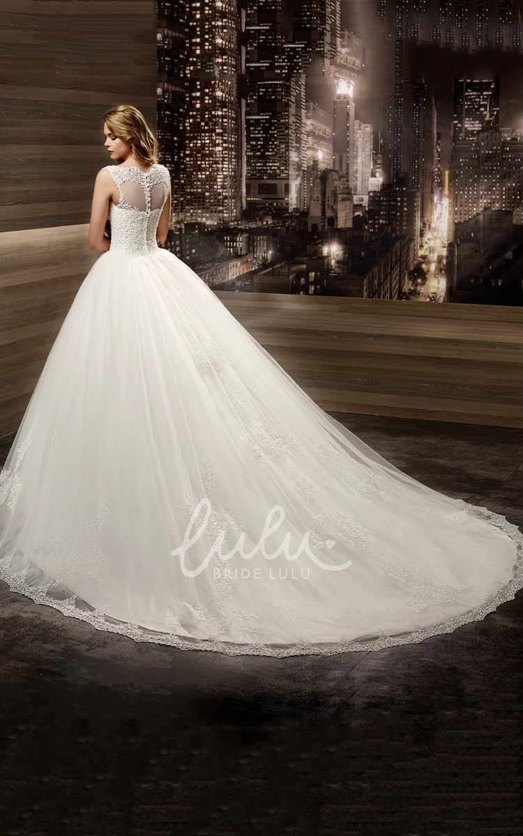 A-line Wedding Dress with Illusion Cap Sleeves Beaded Jewel Neck Court Train