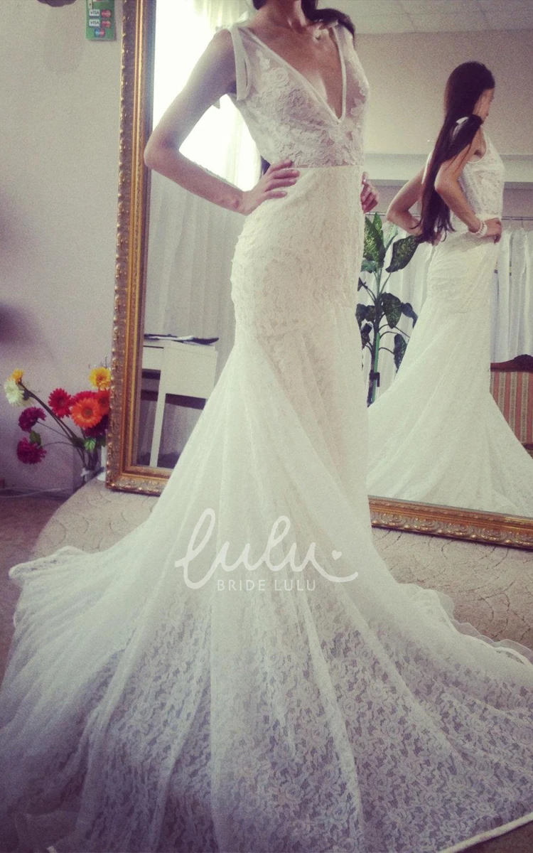 Sleeveless Mermaid Lace Wedding Dress with Long Train and Deep-V Neck