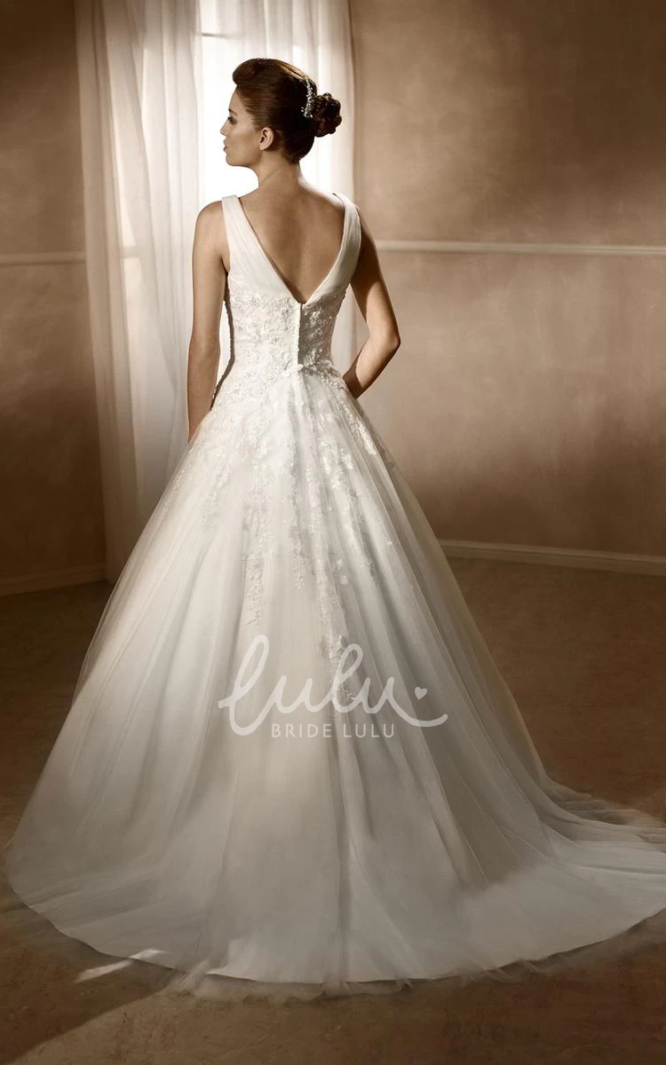 Appliqued Satin&Tulle V-Neck A-Line Wedding Dress with Court Train and Low-V Back