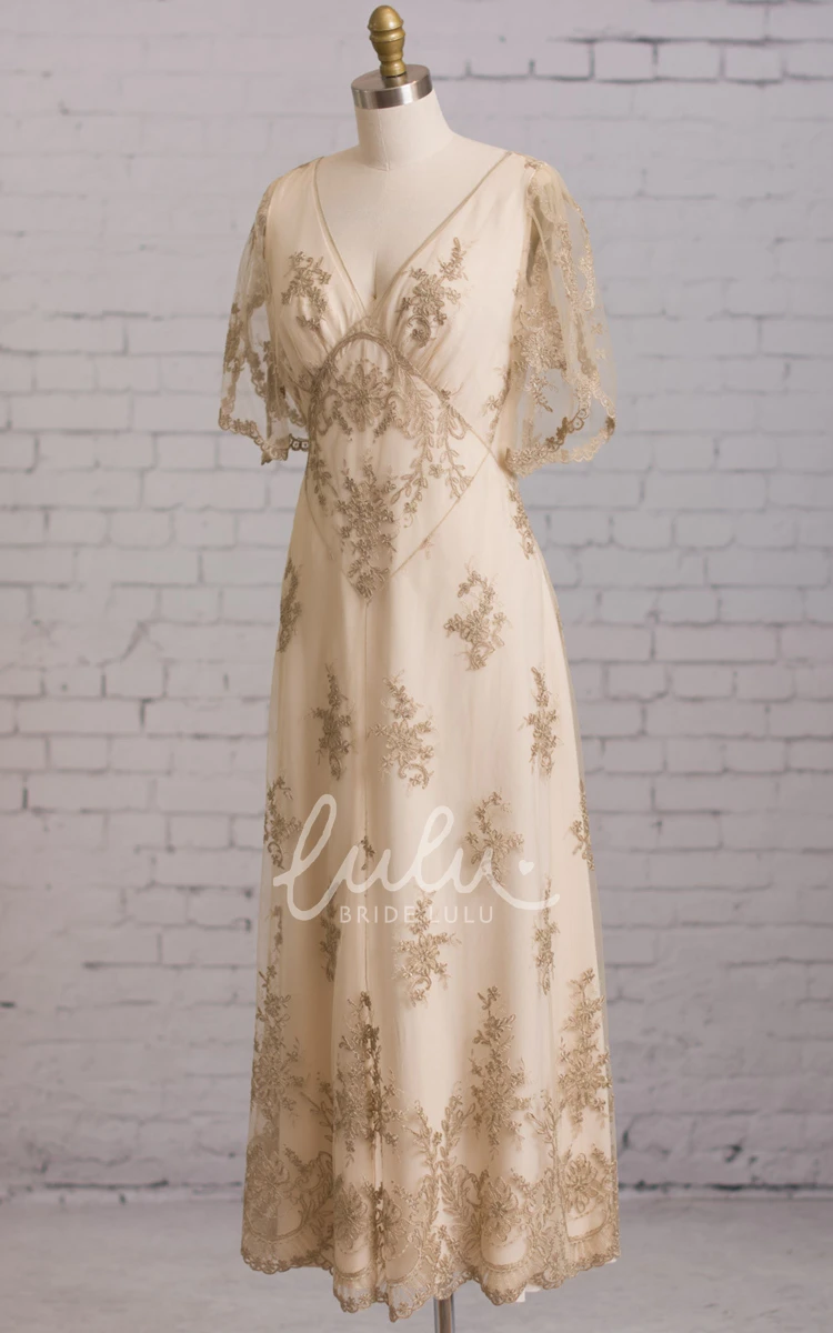 Embroidered V-Neck Sheath Wedding Dress with Butterfly Sleeves and Brush Train