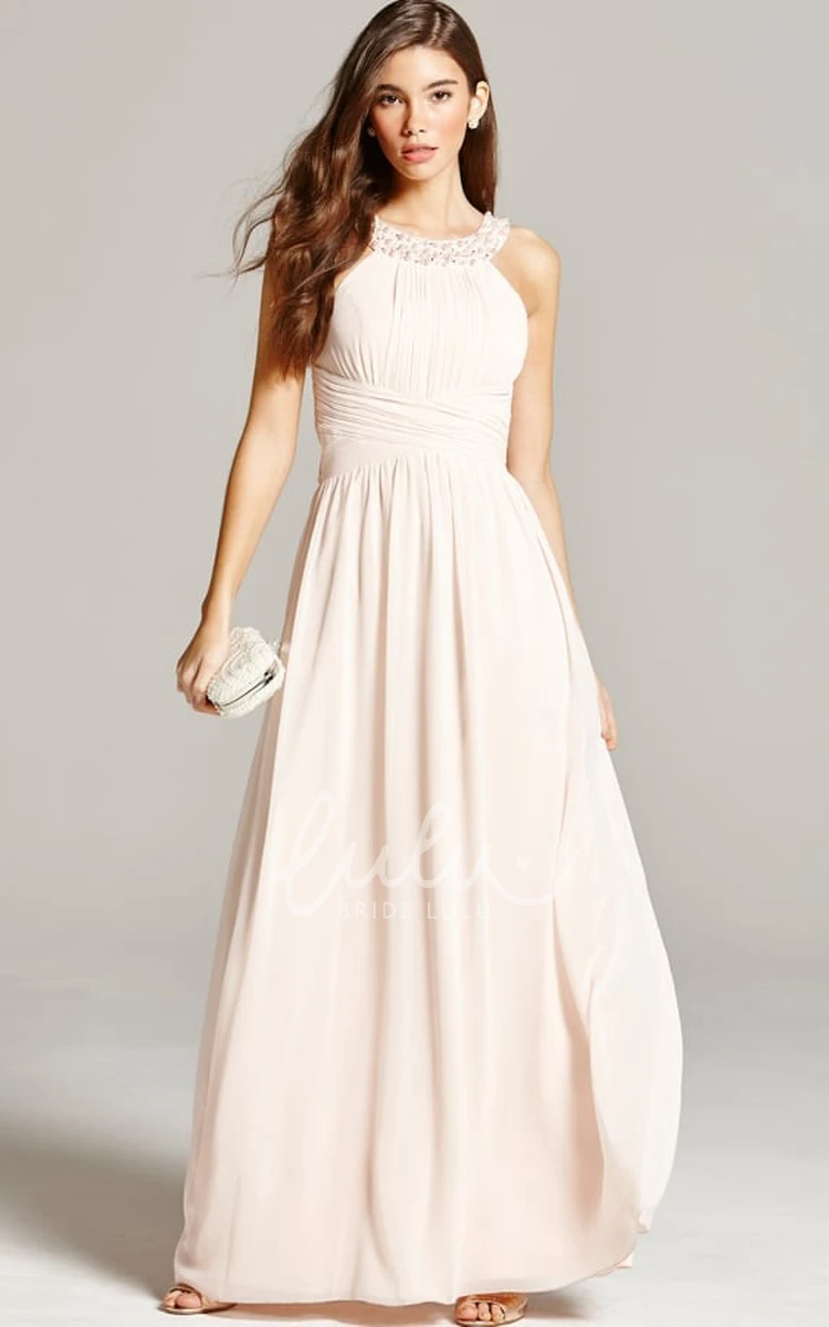 Chiffon Sleeveless Bridesmaid Dress with Ruched Scoop Neck and Straps