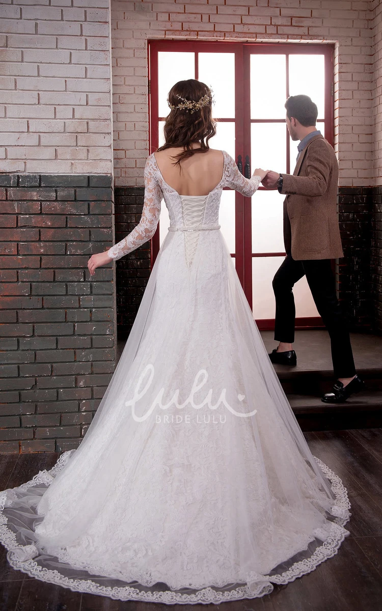 Lace Tulle A-Line Dress with Long Sleeves Bateau Neckline and Jeweled Waist