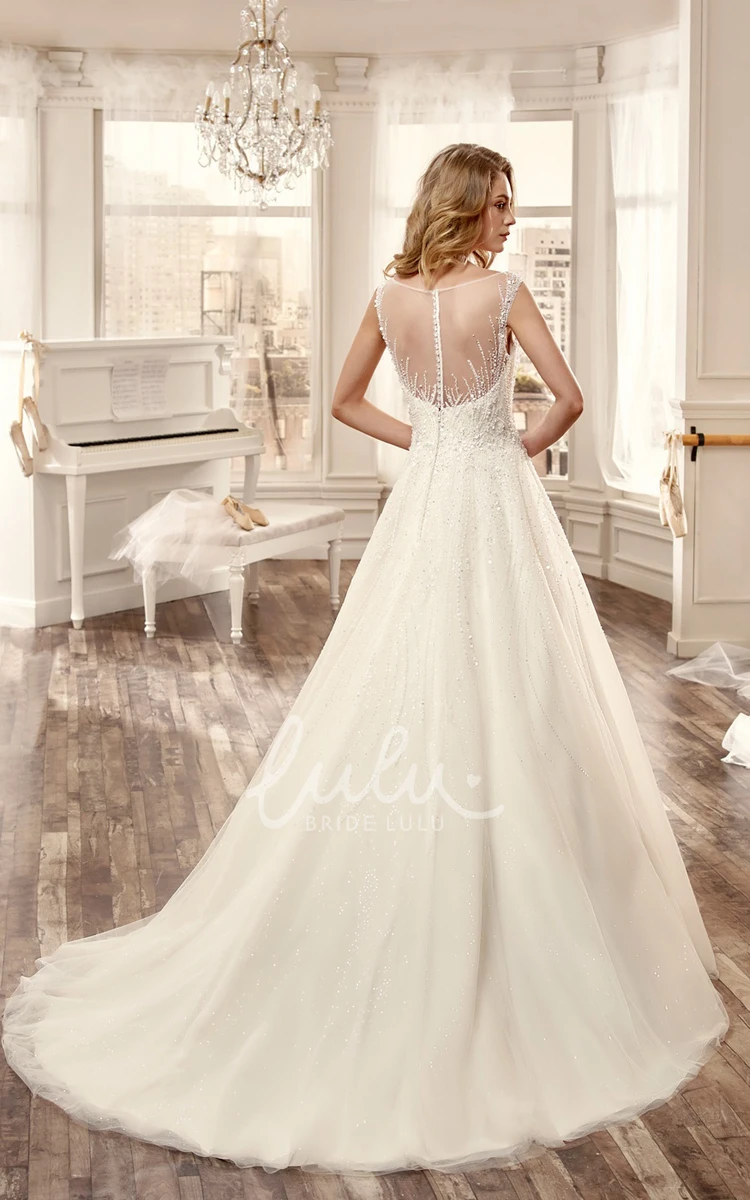 Illusion A-Line Wedding Dress with Brush Train and Puffed Tulle Skirt Sweetheart