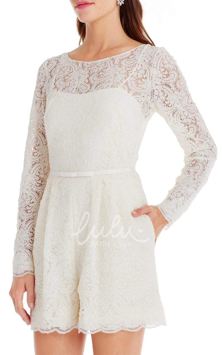 Long-Sleeve Lace Knee-Length Little White Formal Dress with Scoop Neck