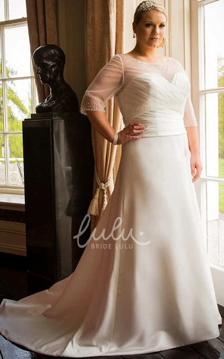 Jewel Neck A-Line Taffeta Wedding Dress With Tulle Half-Sleeve Top Jewel Neck A-Line Tulle Half-Sleeve