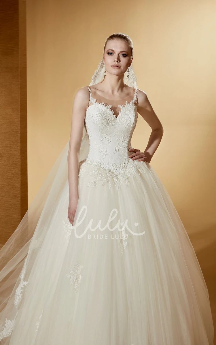 Applique Ball Gown with Illusive Jewel-Neck and Cap Sleeves Elegant and Chic