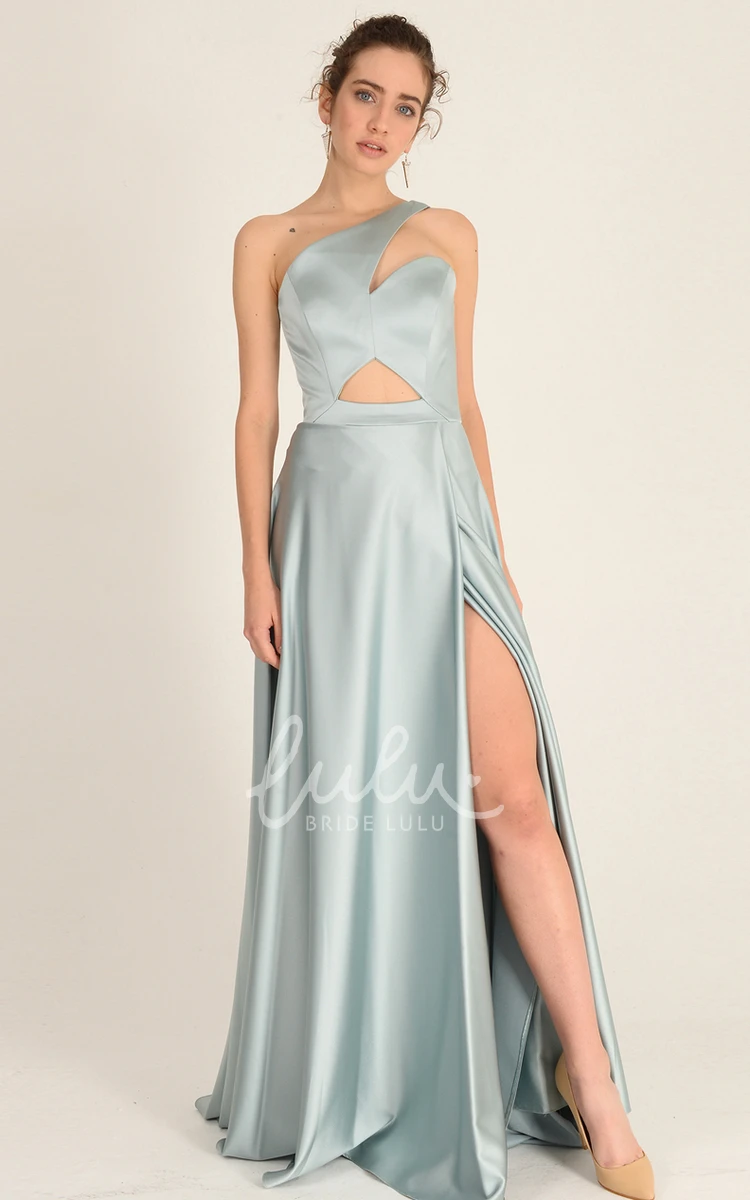 One-shoulder A-line Satin Formal Dress with Split Front Simple and Floor-length