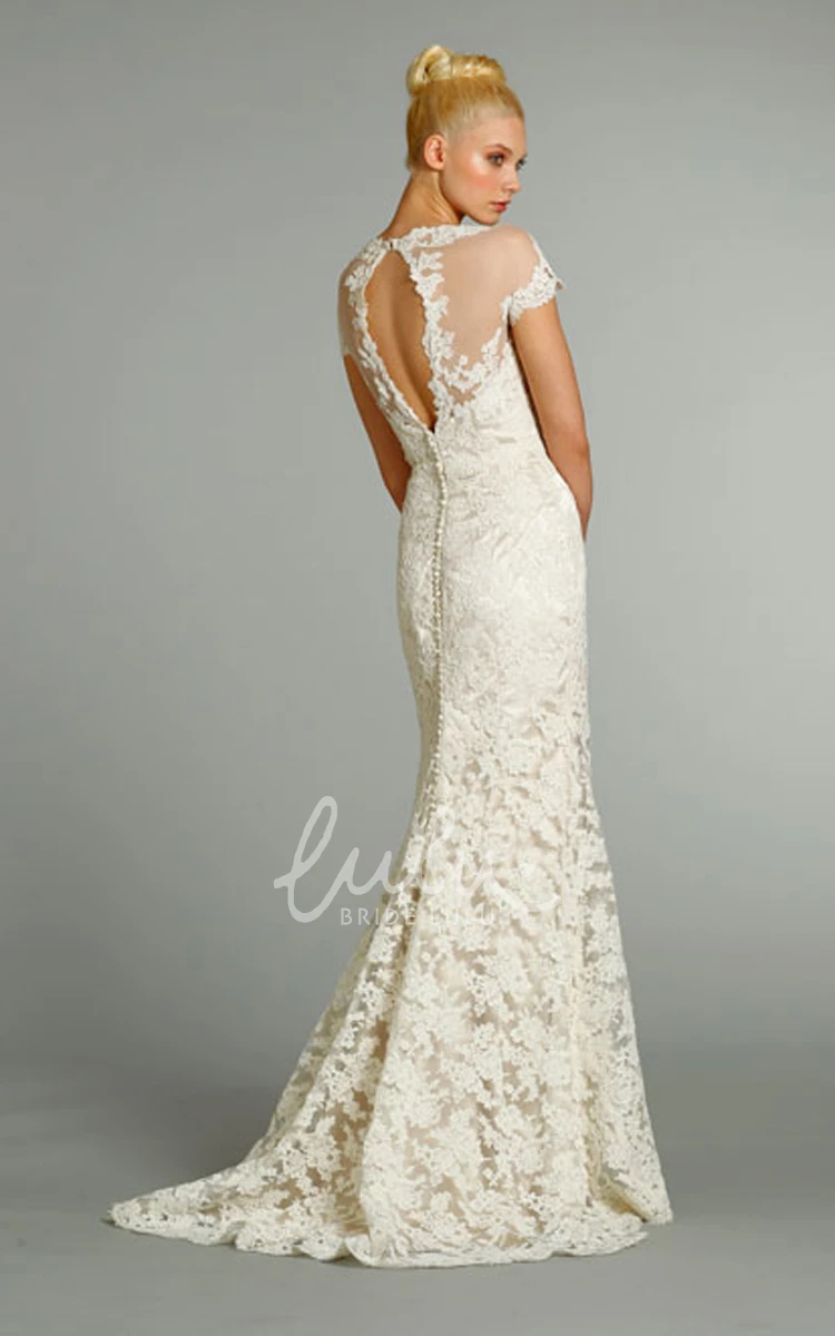 Short Sleeve V-Neck Lace Wedding Dress with Sheer Back Captivating Charmeuse