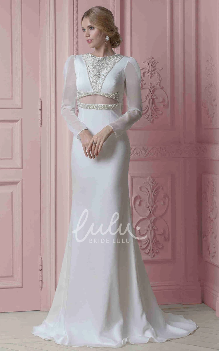 Long-Sleeve Sheath Chiffon Wedding Dress with Beading Classy Bridal Gown