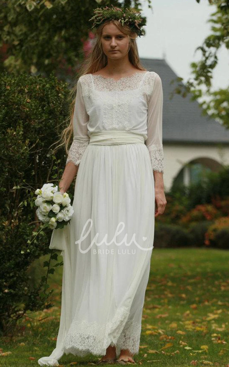 Lace Chiffon Pleated Wedding Dress with Long Sleeves Bateau Bridal Gown