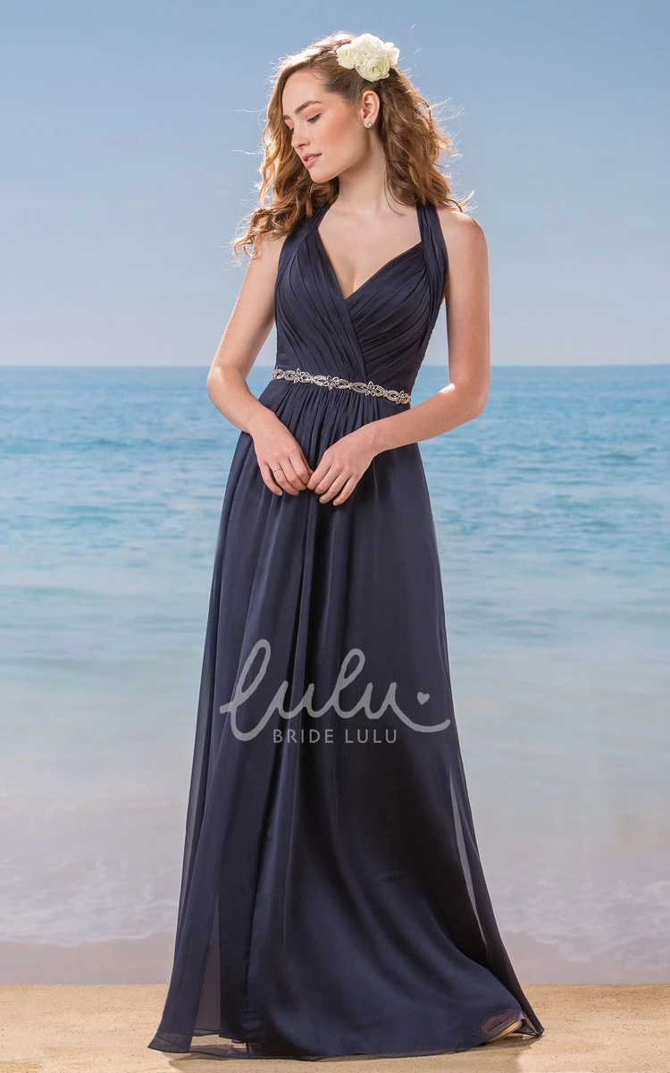 Long Bridesmaid Dress with Pleats and Keyhole Back Halter