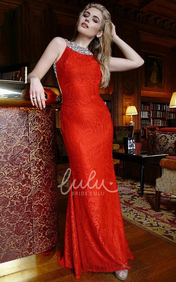 Beaded Sleeveless Jewel Lace Prom Dress with Brush Train Sheath Floor-Length