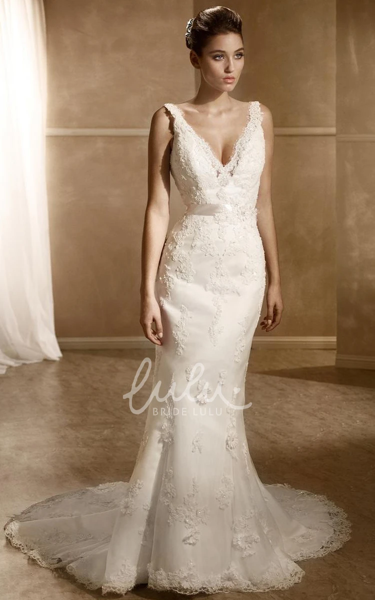 V-Neck Lace Wedding Dress with Appliques and Chapel Train Sleeveless Sheath Style